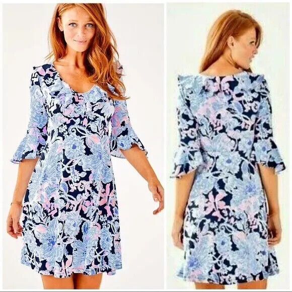 Lilly Pulitzer Stirling Dress BRIGHT NAVY Pink AMORE PLEASE Empire Midi size S - Picture 1 of 10